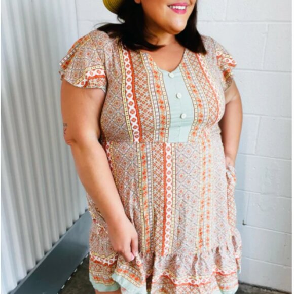 HAPTICS Sage Boho Floral Button Detail V Neck Ruffle Dress 3X - Picture 5 of 5